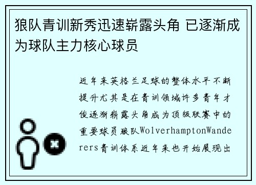 狼队青训新秀迅速崭露头角 已逐渐成为球队主力核心球员