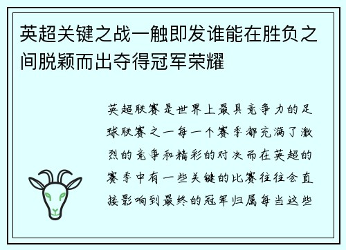 英超关键之战一触即发谁能在胜负之间脱颖而出夺得冠军荣耀