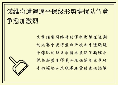 诺维奇遭遇逼平保级形势堪忧队伍竞争愈加激烈